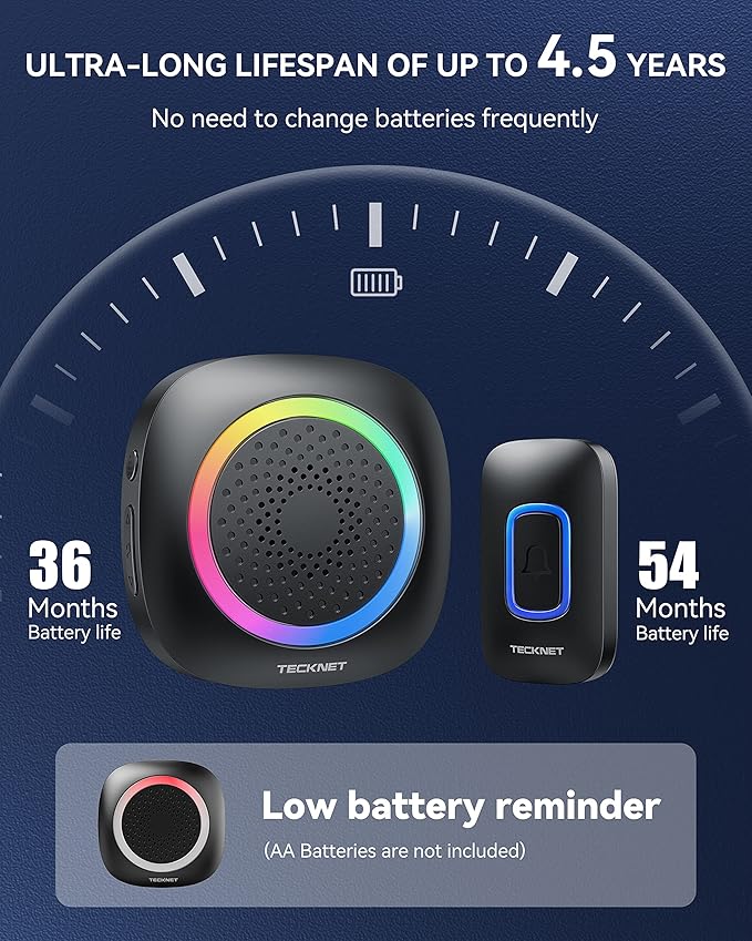 TECKNET Wireless Doorbell with 3 Portable Doorbells with RGB Light, Battery - Image 7
