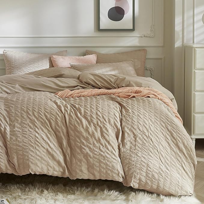 JELLYMONI Khaki Duvet Cover Queen Size, Soft Breathable Seersucker Duvet Cover by JELLYMONI