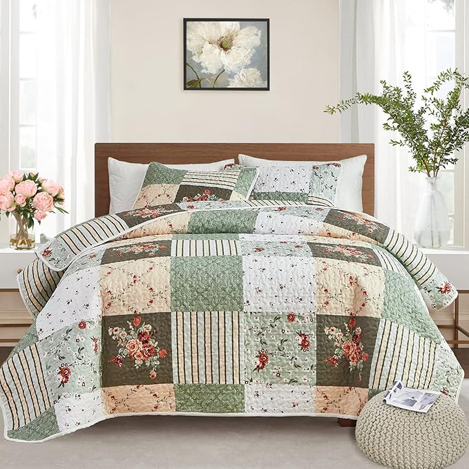 Patchwork Quilt Set Twin Size, 2 Pieces Green White Floral Plaid Design Summer by Flysheep