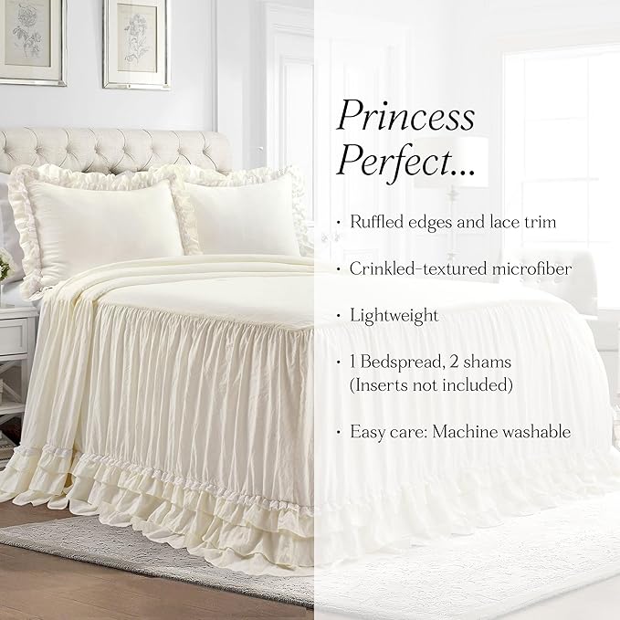 Lush Decor Ella Ruffle Lace Bedspread, 3 Piece Set, King, Ivory - Cute Bed Set - King Bedding - White Bedding - Coquette Decor - Neutral Ruffle Trim - White Lace Trim