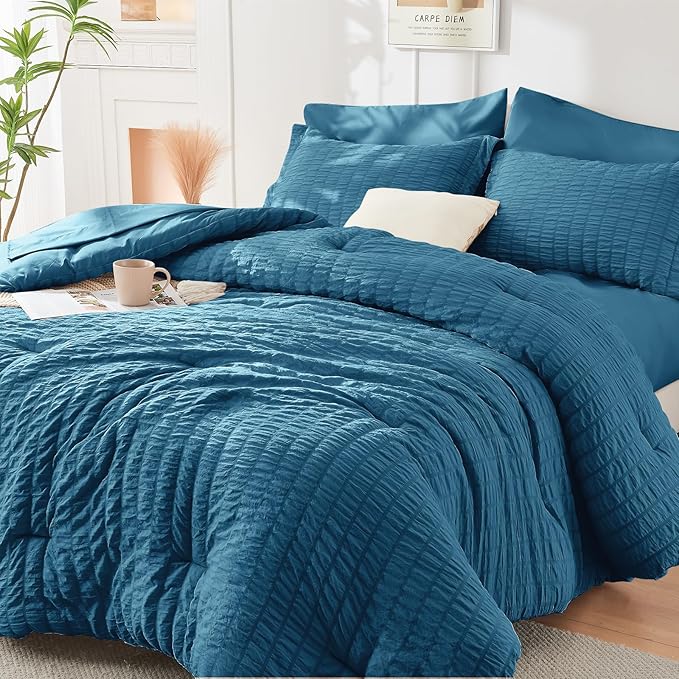 HYMOKEGE Teal Twin Comforter Set Seersucker 5 Pieces, All Season Luxury Bed in by HYMOKEGE