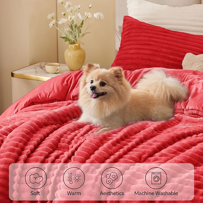 BEDELITE Fleece Queen Comforter Set -Super Soft & Warm Fluffy Red Bedding - Image 3