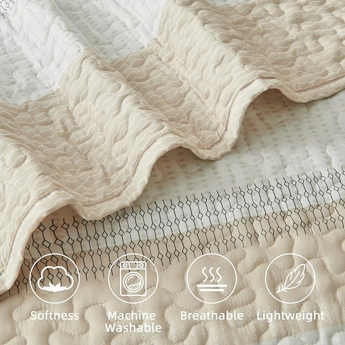 Andency California King Size Quilt Set Beige, 3 Pieces Beige Ultra Soft - Image 5