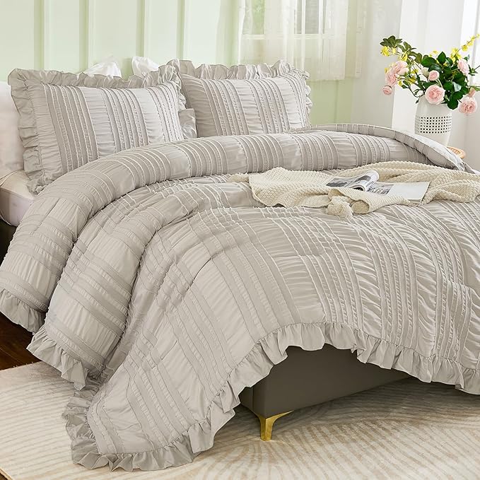 WONGS BEDDING Grey Textured Comforter Set King, 3 Pieces Ruffle Farmhouse - Image 2