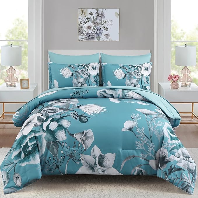 Luxudecor Floral Comforter Set King Size 7 Piece, Teal Blue Flower Bed in a Bag by Luxudecor