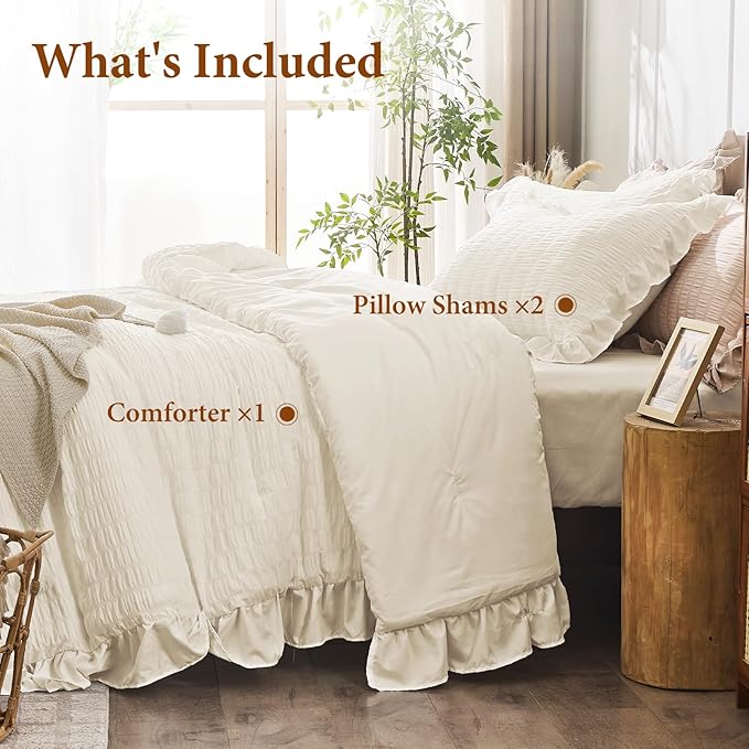 JOLLYVOGUE Ivory King Comforter Set, 3 Pieces Seersucker Comforters King Size - Image 7