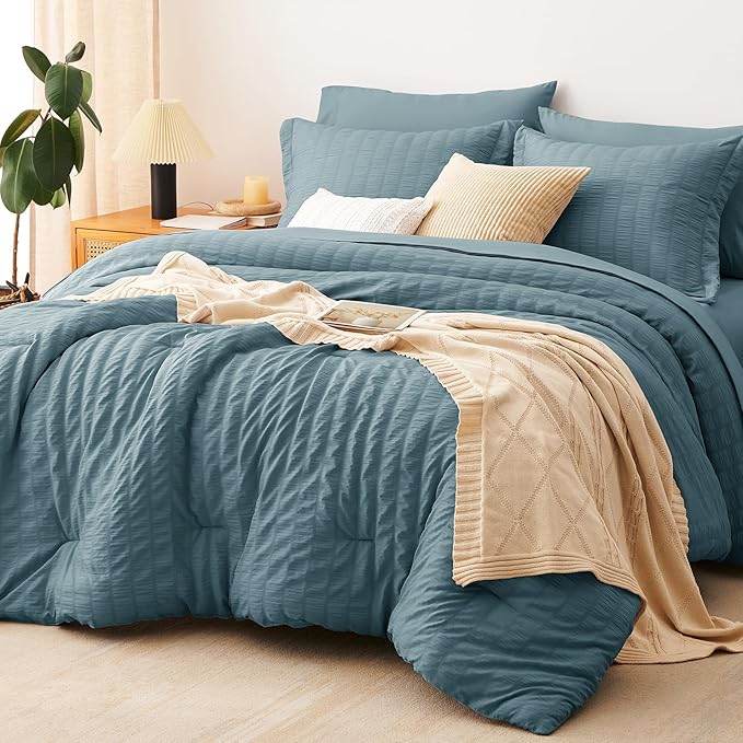 CozyLux Oversized King Comforter Set Mineral Blue Seersucker 7 Pieces 120x98 by CozyLux