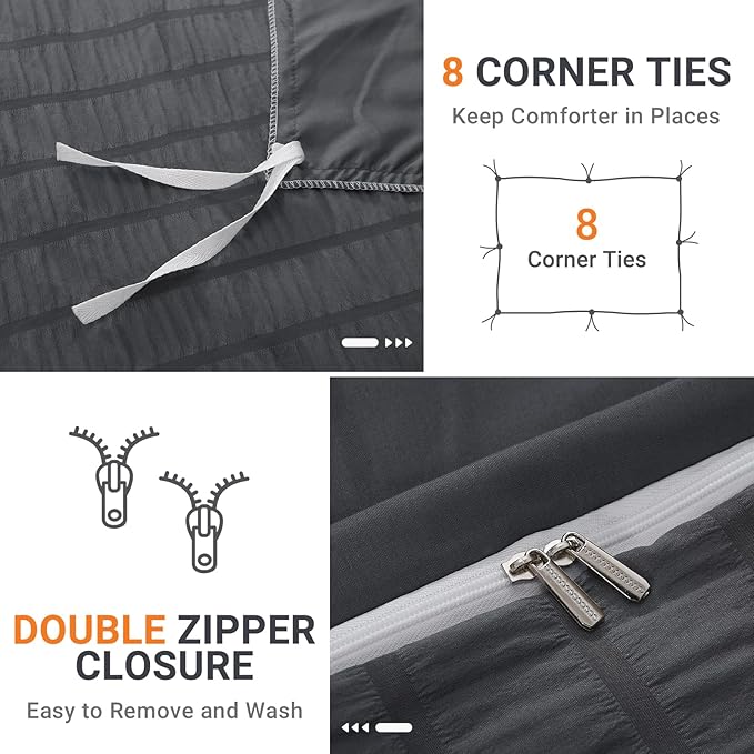 HYMOKEGE Dark Grey Duvet Cover Full Size, Ultra Soft 3-Piece Seersucker Duvet - Image 5