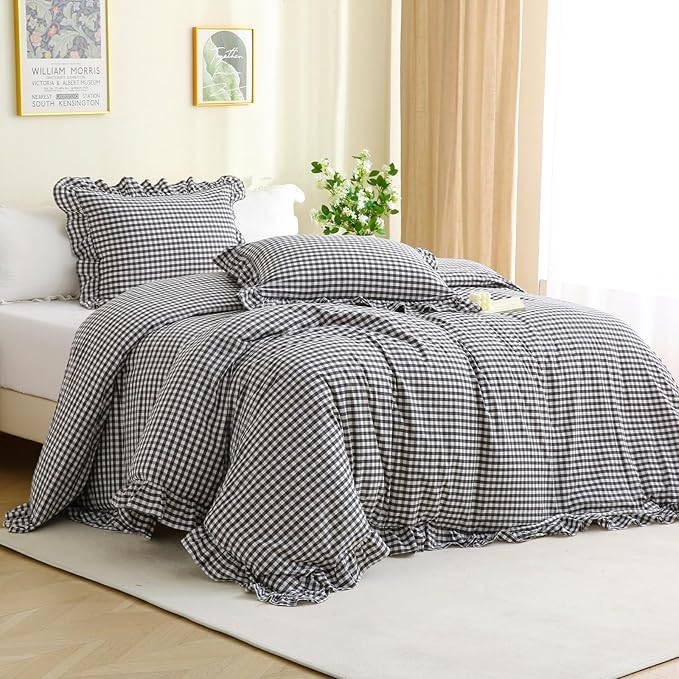 Silnuo Black/White Checkered Ruffle 3-Piece Duvet Cover Set Queen Size by Silnuo