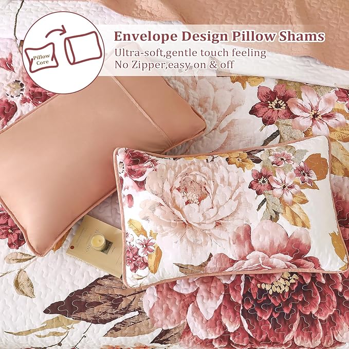 WONGS BEDDING Blush Floral Quilt Set Queen, Elegant Flower Bedspread Coverlet - Image 5