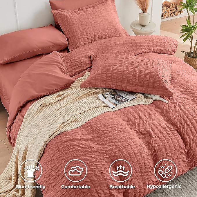 HYMOKEGE Coral Full Size Comforter Sets Seersucker 7 Pieces, All Season Luxury - Image 3