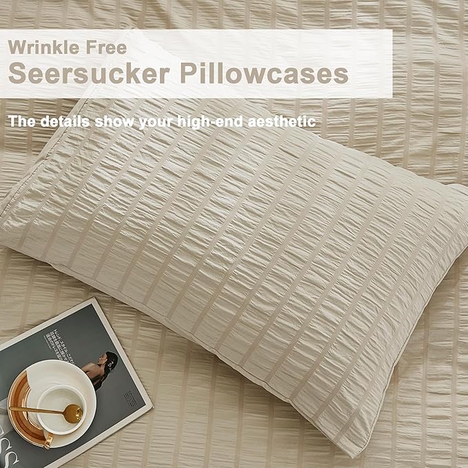 AveLom Beige Seersucker Duvet Cover Set Full Size, 3 Pieces, Ultra Soft Washed - Image 6