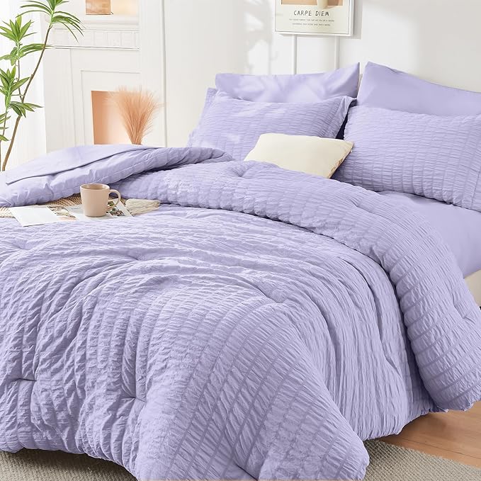 HYMOKEGE Light Purple Twin Comforter Set Seersucker 5 Pieces, All Season Luxury by HYMOKEGE