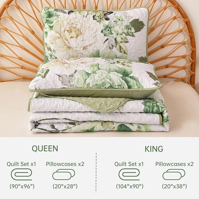WONGS BEDDING Floral Quilt Set Green Queen, Quilted Printed Lightweight - Image 7