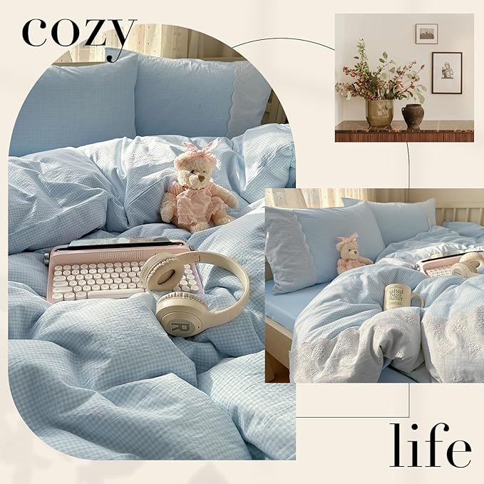 mixinni Blue Gingham Duvet Cover Queen Size - Image 4