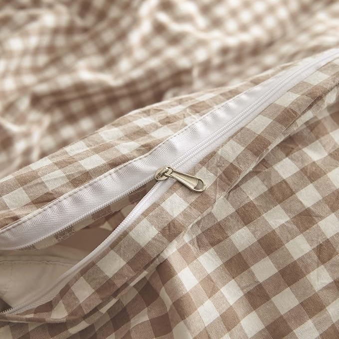 Nayoroom Gingham Duvet Cover Queen Size 100% Washed Cotton Brown Tan Plaid - Image 7