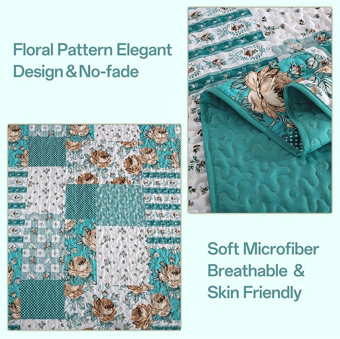 Anibedding Teal Quilt Set Queen Size Patchwork Floral Bedspread Coverlet - Image 4
