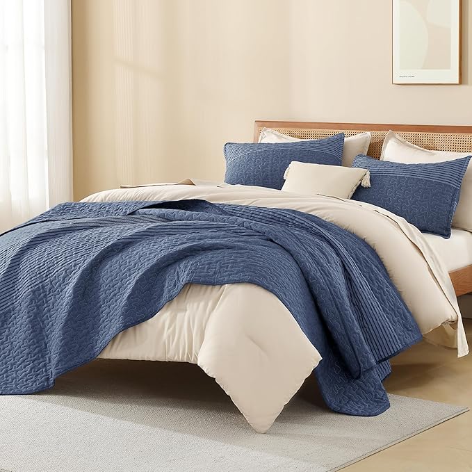 Litanika Quilt Queen Size Sapphire Blue, Stripe Patchwork Summer Bedspread - Image 4