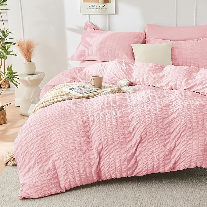 HYMOKEGE Pink Duvet Cover King Size, Ultra Soft 3-Piece Seersucker Duvet Cover by HYMOKEGE