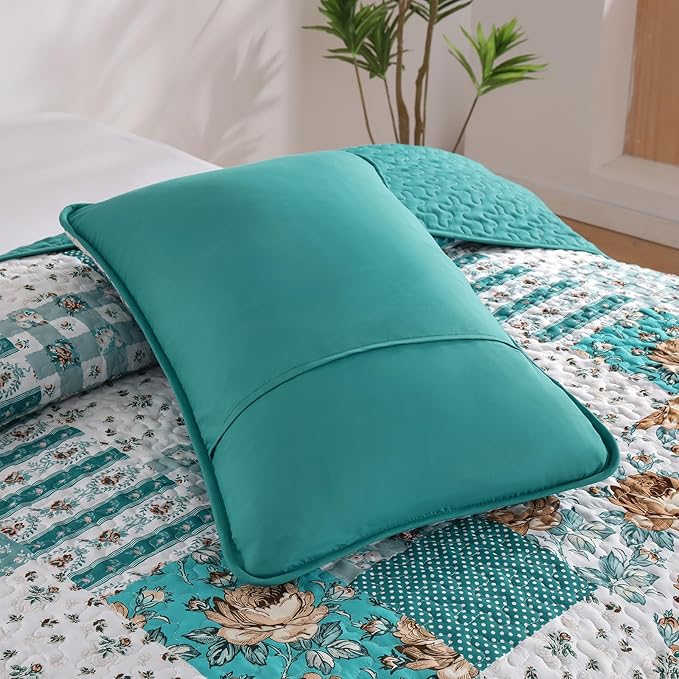 Anibedding Teal Quilt Set King Size Patchwork Floral Bedspread Coverlet - Image 6