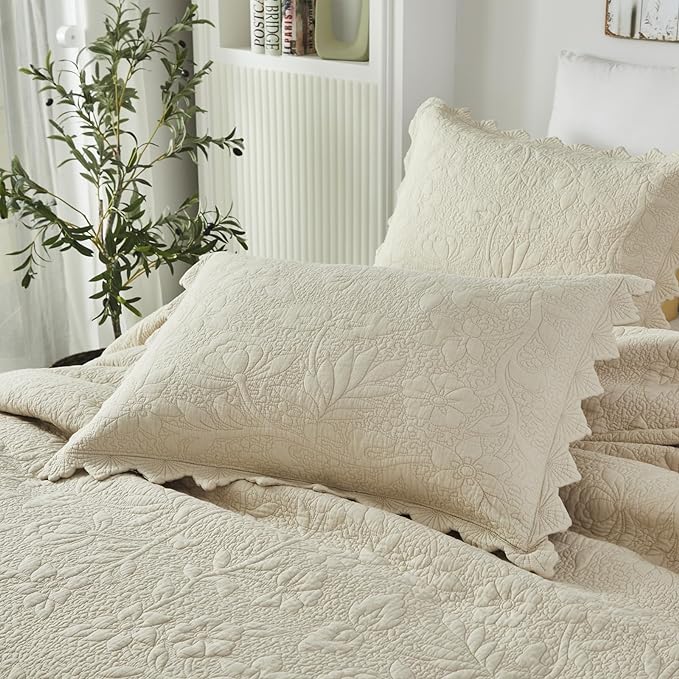 Brandream Beige Quilt Set King Size Cotton Luxury Matelasse Coverlet Set - Image 4