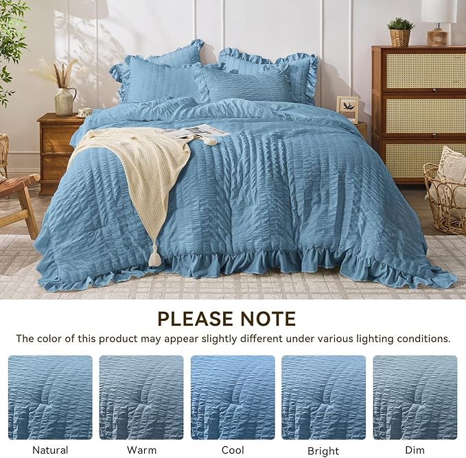 JOLLYVOGUE Twin Size Comforter Set, 2 Pieces Sea Blue Seersucker Lightweight - Image 8
