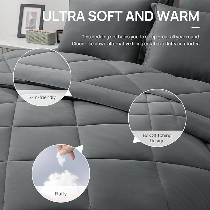 Love's cabin Oversized Queen Comforter Set Dark Grey, 7 Pieces Bed in a Bag - Image 4
