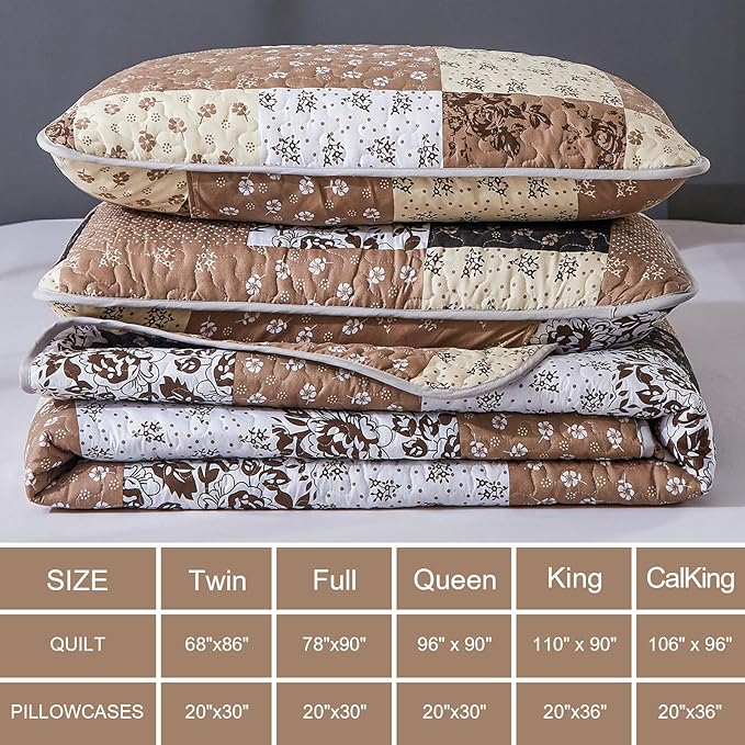 Mybedsoul Brown Quilt Set Full Size, 3 Pieces Plaid Floral Bedspread Set - Image 5