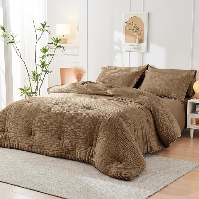 HYMOKEGE Brown Twin Comforter Set Seersucker 5 Pieces, All Season Luxury Bed in - Image 8