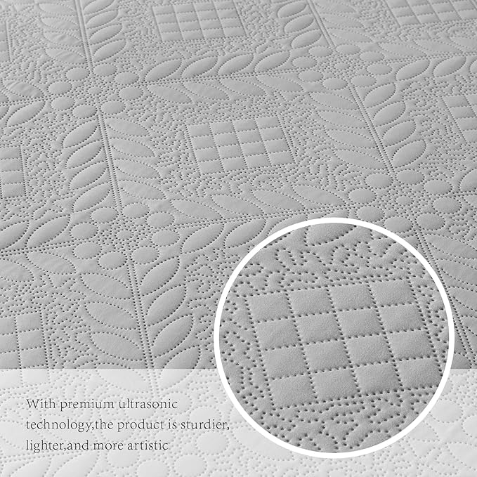 FLYMME Twin Quilt Set, Light Gray Lightweight Bedspreads, Vintage Olive Leaf - Image 6