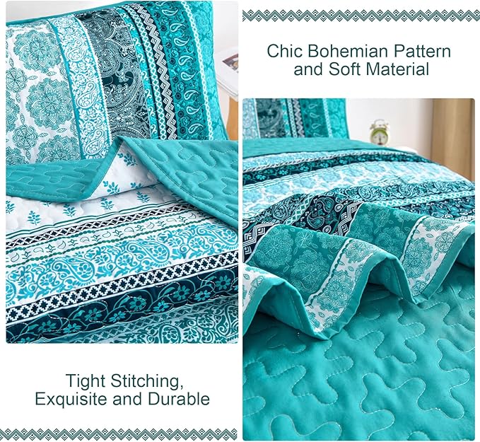 WONGS BEDDING Boho Quilt Set King Size, Teal 3 Pieces Bohemian Striped - Image 5