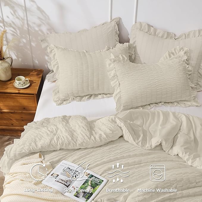 JOLLYVOGUE Twin Size Comforter Set, 2 Pieces Oatmeal Seersucker Lightweight - Image 2
