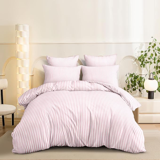 Nayoroom Pink Striped Duvet Cover King Size White Stripe Duvet Cover Dorm - Image 5