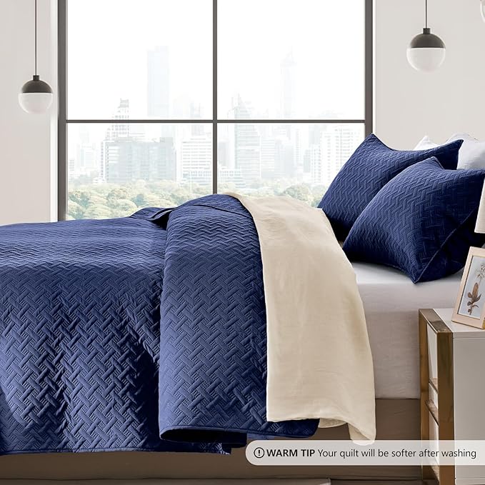 FLYMME Navy Twin Modern Geometric Quilt Coverlet Set, Lightweight Bedspread - Image 4