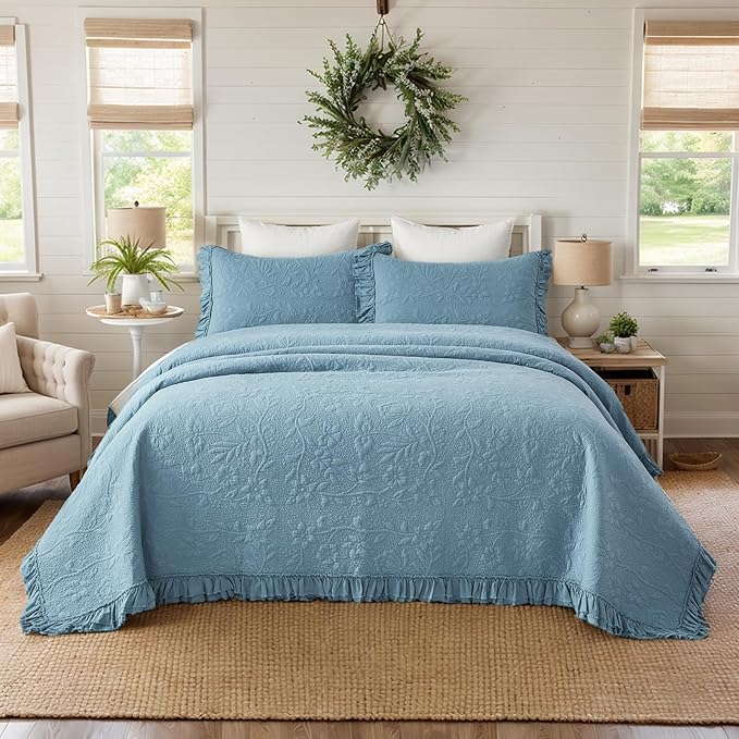 Brandream Luxury 100% Cotton Quilt Set Queen Size Blue Floral Vine Matelasse - Image 3