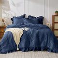 JOLLYVOGUE Navy Blue King Comforter Set, 3 Pieces Seersucker Comforters King by JOLLYVOGUE