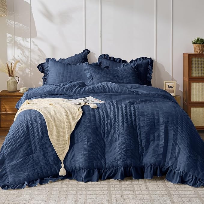 JOLLYVOGUE Navy Blue Queen Comforter Set, 3 Pieces Seersucker Comforters Queen by JOLLYVOGUE