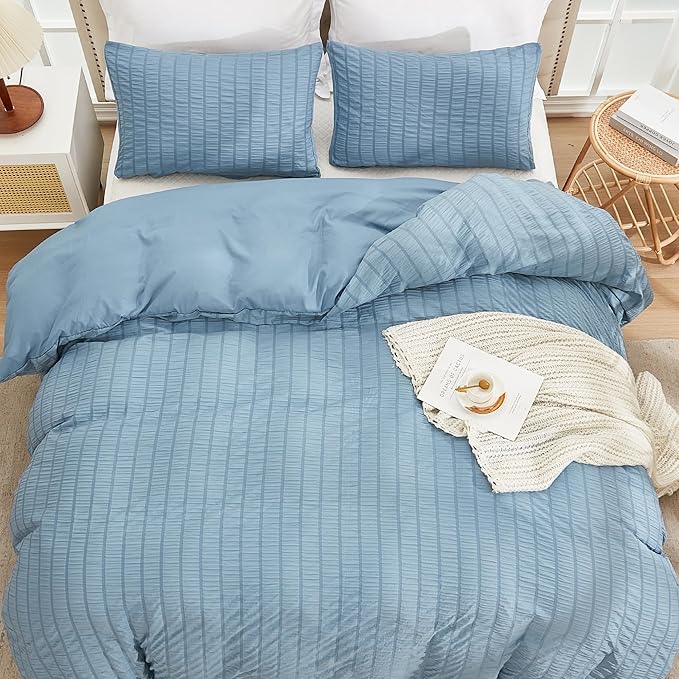 AveLom Seersucker Duvet Cover Set Queen Size Grayish Blue, 3 Pieces, Soft - Image 7