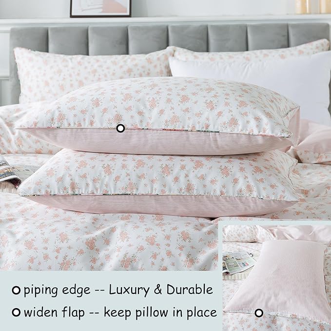 FADFAY Floral Duvet Cover Set Twin XL 100% Cotton College Bedding Pink Flower - Image 4