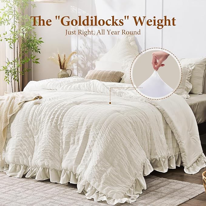 JOLLYVOGUE Ivory Twin Size Comforter Set, 2 Pieces Seersucker Lightweight - Image 3