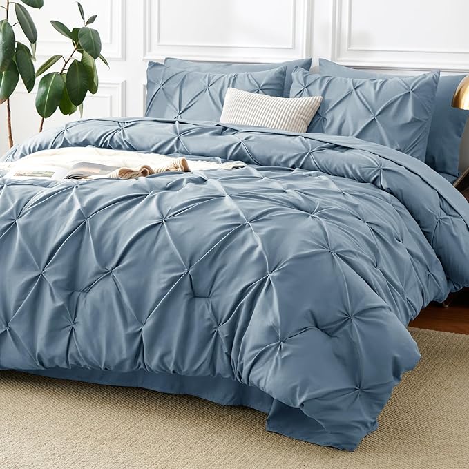 CozyLux King Size Comforter Set Mineral Blue, 7 Pieces Pintuck Bed in A Bag by CozyLux