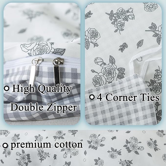 FADFAY Twin Size Duvet Cover Set 100% Cotton Grey White Floral Comforter Cover - Image 3