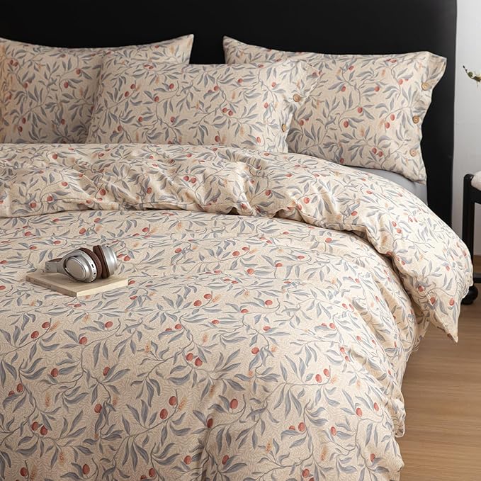mixinni Cotton Linen Floral Duvet Cover Set, Vintage Botanical Print Comforter - Image 4