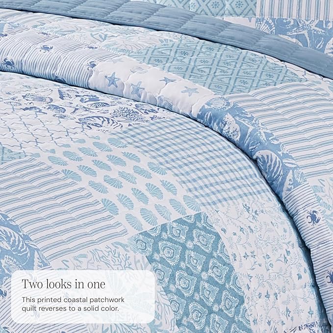 BLOOMHAVEN Quilt Set Twin Size, Patchwork Sea Blue Floral Quilt Sets, - Image 3