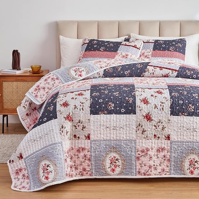 Patchwork Quilt Set Twin Size, 2 Pieces Pink Purple Floral Plaid Design Summer - Image 3