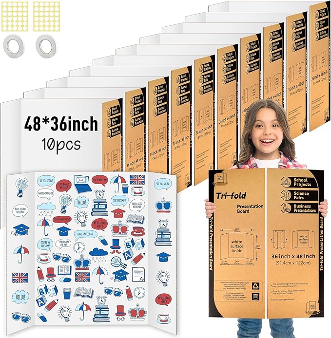 10 Pack Trifold Poster Board 48" X 36", IKAYAS Single sided White Poster Boards, Science Fair Display Boards Posterboard Foamboard for Mounting, Prints,Art,Display,Projects Classroom Supplies-DeskoryOffice