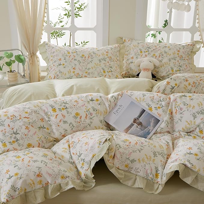 mixinni 100% Cotton Duvet Cover Set King, Reversible Spring Floral Ruffle Green - Image 3