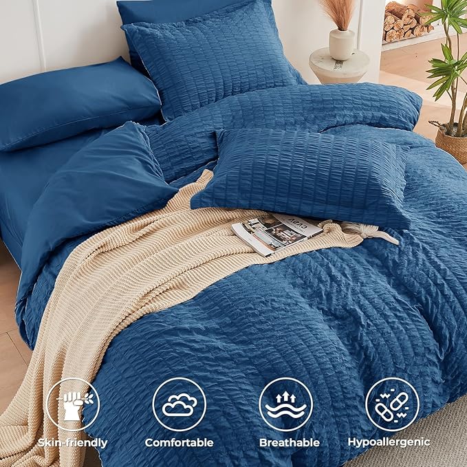 HYMOKEGE Teal Duvet Cover Queen Size, Ultra Soft 3-Piece Seersucker Duvet Cover - Image 2