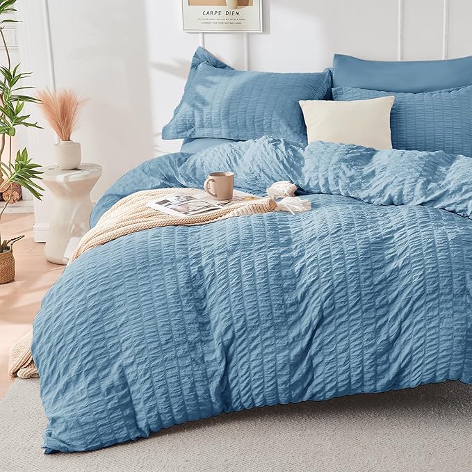 HYMOKEGE Mineral Blue Twin Comforter Set Seersucker 5 Pieces, All Season Luxury - Image 2