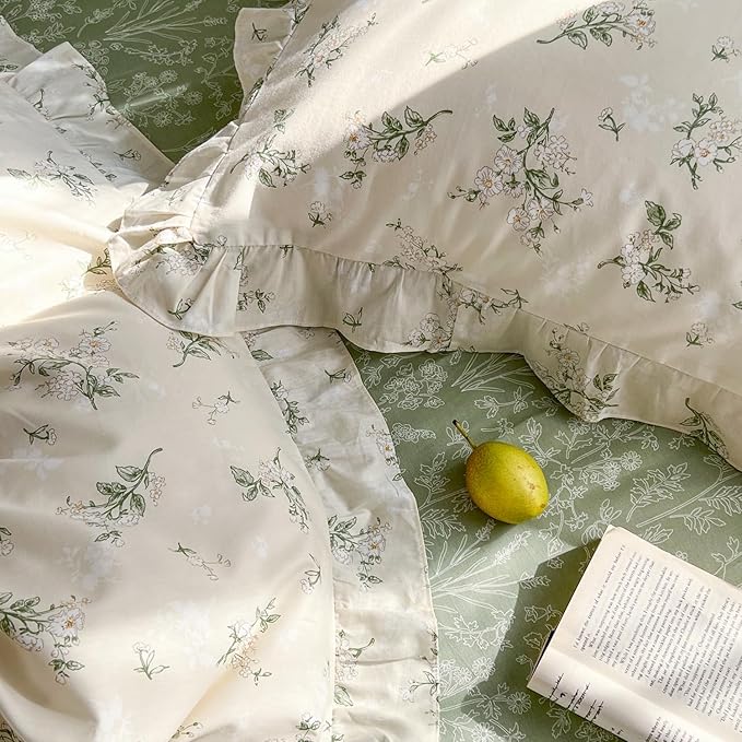MKXI Botanical Floral Duvet Cover Queen Beige Girls Ruffled Bedding Set - Image 8